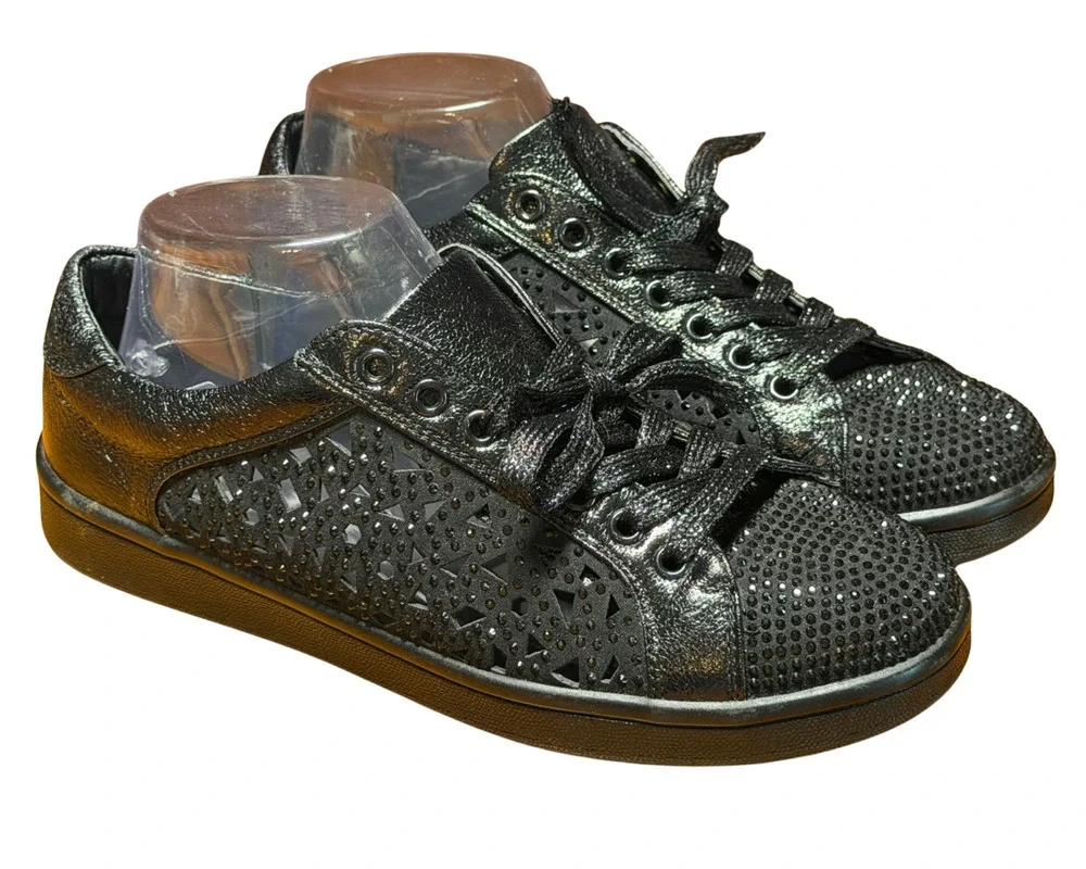 Lady Couture Sz 8.5 Paris Low-Top Sneakers Geometric Cut-Outs Rhinestones Black